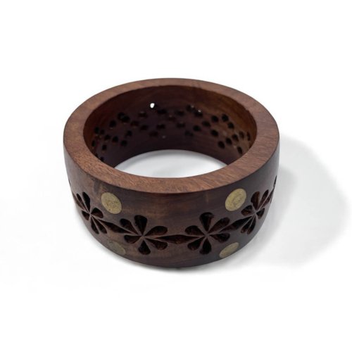 Floral Cut-out Wood Bangle with Brass Accents - Intricate Bohemian Bracelet