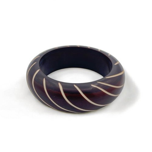 Dark Wood Swirl Carved Bangle - Elegant Bohemian Statement Bracelet