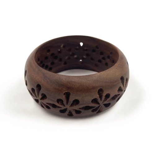 Dark Wood Bangle with Floral Cut-Outs - Ornate Bohemian Bracelet