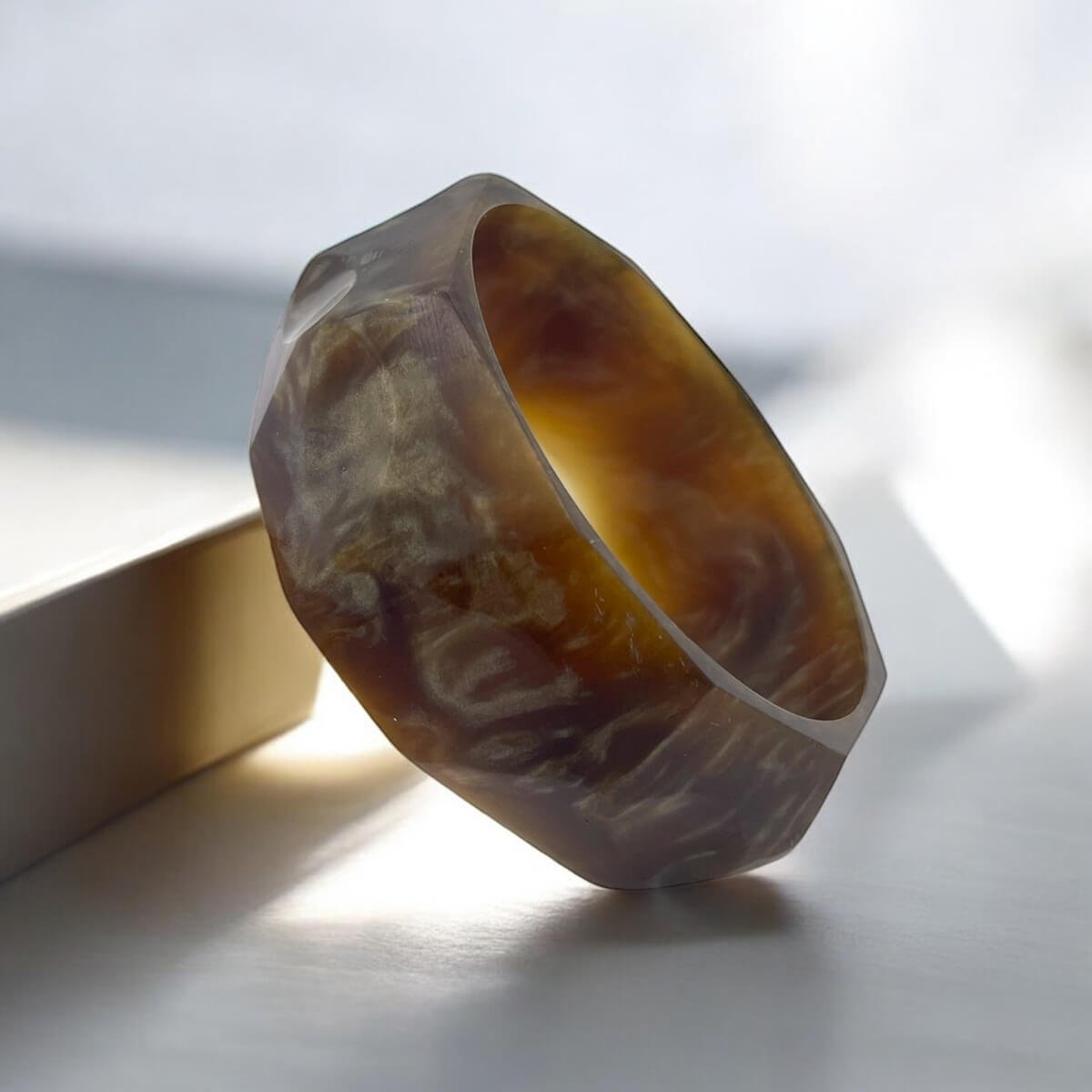 Faceted Brown Tortoiseshell Resin Bangle - Geometric Boho Bracelet - Image 4
