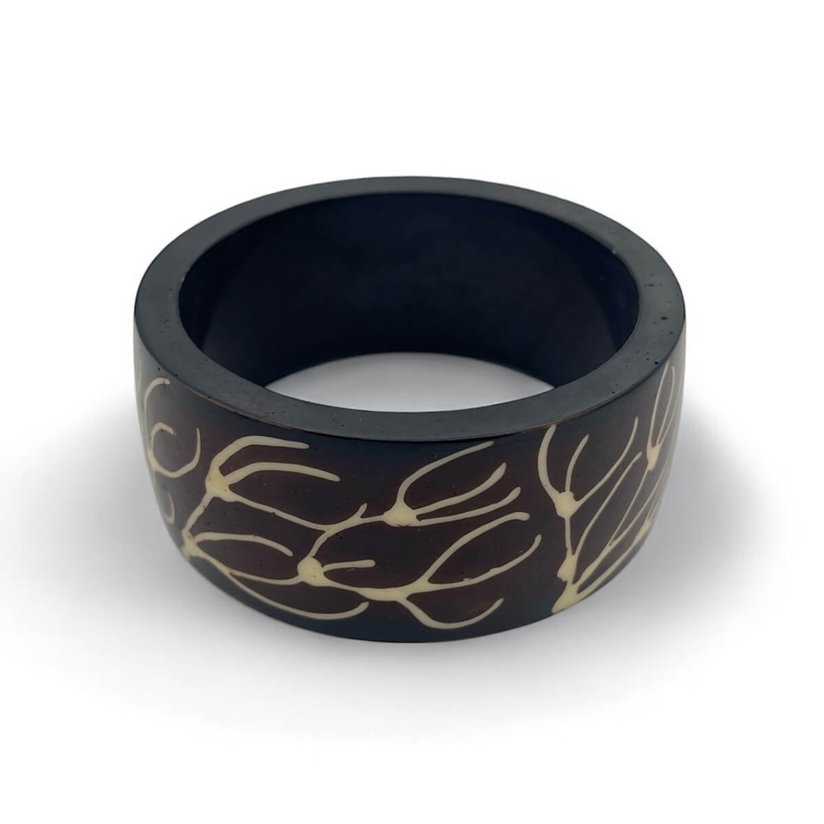 Dark Resin Bangle with Abstract Organic Inlays - Boho Statement Bracelet