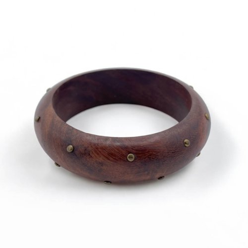 Dark Wood Bangle with Brass Studs - Rustic Bohemian Bracelet