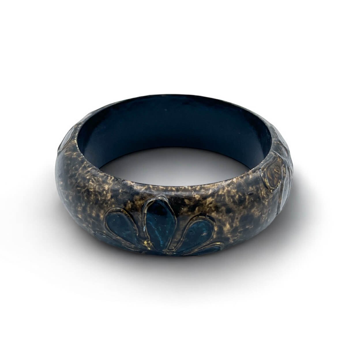 Dark Resin Bangle with Embossed Floral Pattern - Rustic Bohemian Bracelet
