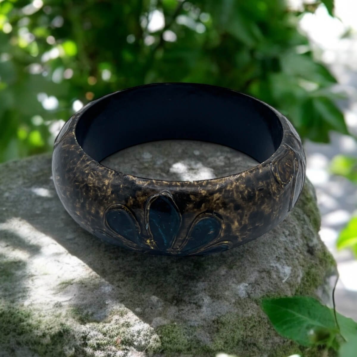 Dark Resin Bangle with Embossed Floral Pattern - Rustic Bohemian Bracelet - Image 2
