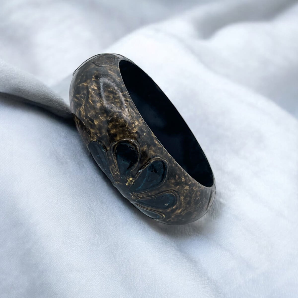 Dark Resin Bangle with Embossed Floral Pattern - Rustic Bohemian Bracelet - Image 4