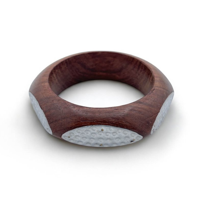Geometric Inlay Wood Bangle with Textured Accents - Modern Bohemian Bracelet