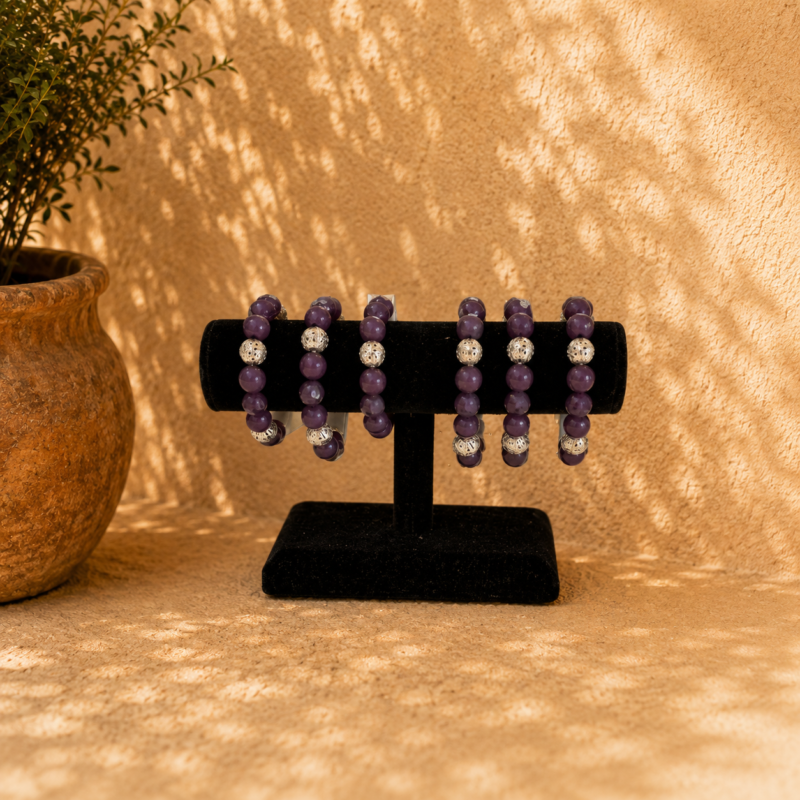 Purple Beaded Stretch Bracelet with Silver Accent