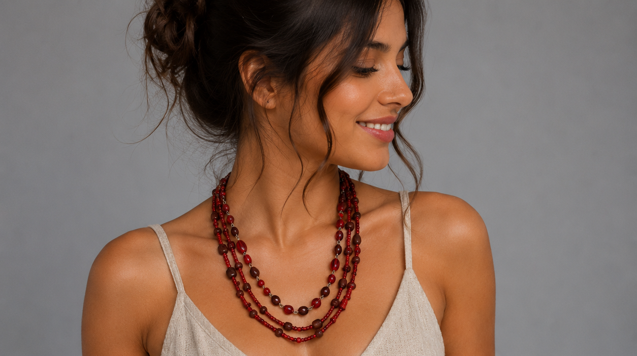 Red Multi Strand Beaded Necklace - Image 3