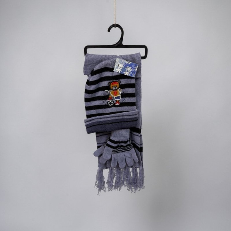 Kids Knit Hat, Scarf & Glove Set, Embroidered Bear
