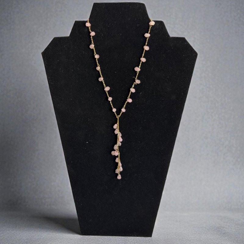 Rose Quartz Lariat Necklace | Pink Gemstone Necklace | Dainty Gold Chain Jewelry | Romantic Drop Necklace | Bridal & Gift Jewelry