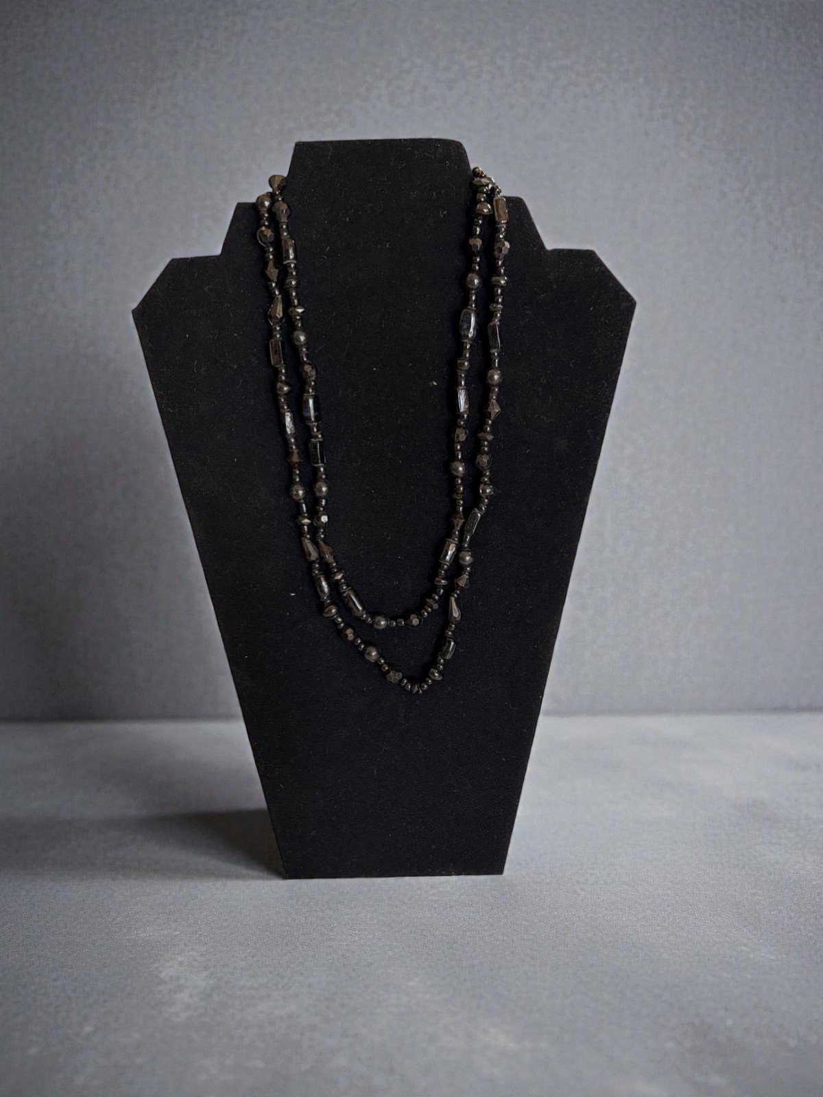 Black Layered Beaded Necklace | Double Strand Necklace | Edgy Minimal Jewelry | All Black Statement Necklace | Unisex Layered Chain