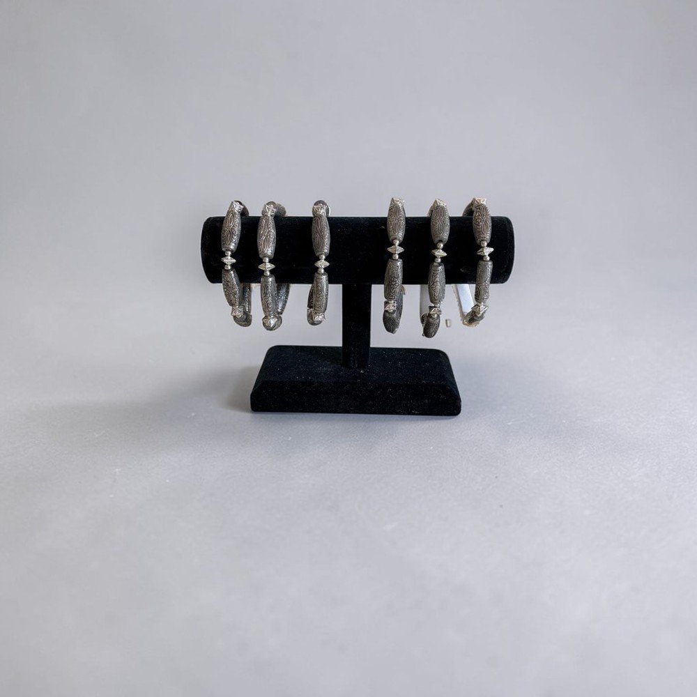 Antique Silver Beaded Bracelet | Engraved Statement Bracelet | Vintage-Inspired Stretch Jewelry | Boho Tribal Wrist Accessory