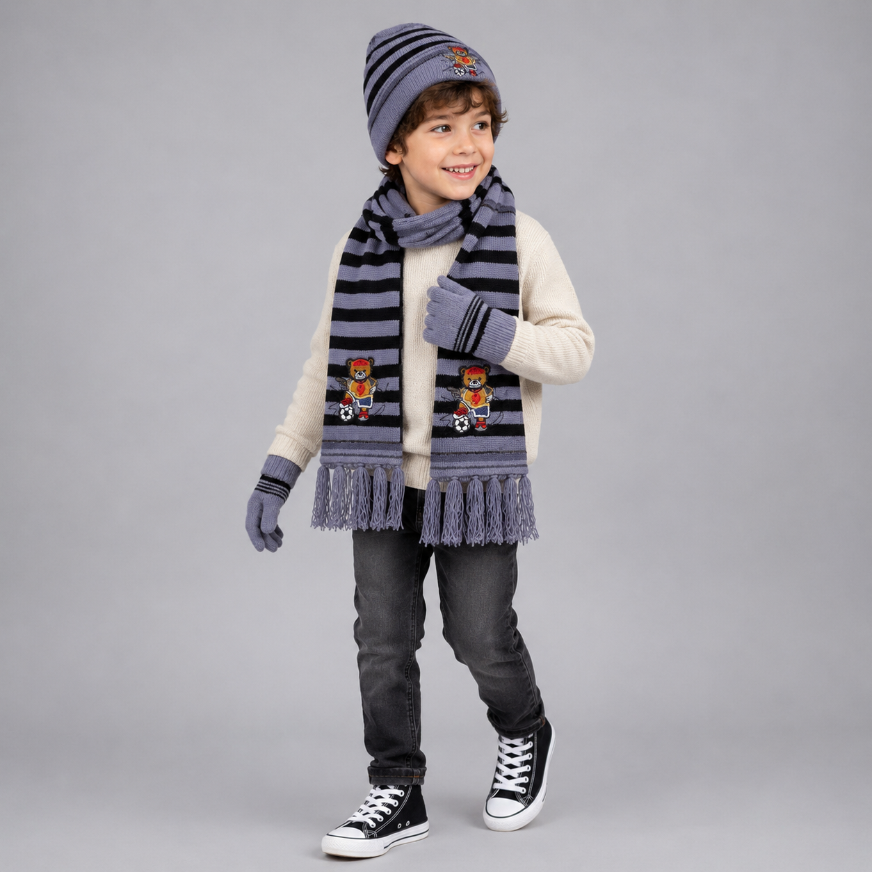 Kids Knit Hat, Scarf & Glove Set, Embroidered Bear - bohemian fashion