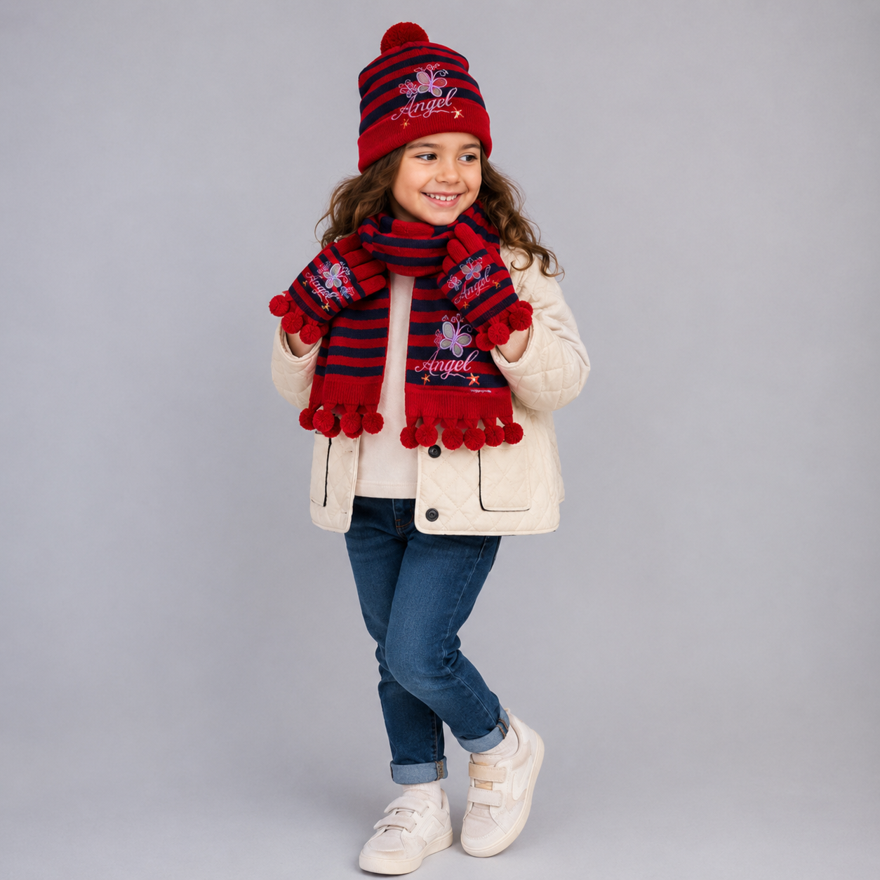 Kids Knit Hat, Scarf & Glove Set, Embroidered Bear