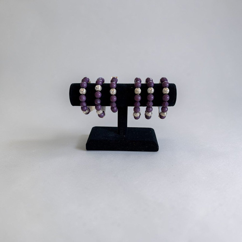 Purple Beaded Stretch Bracelet with Silver Accent