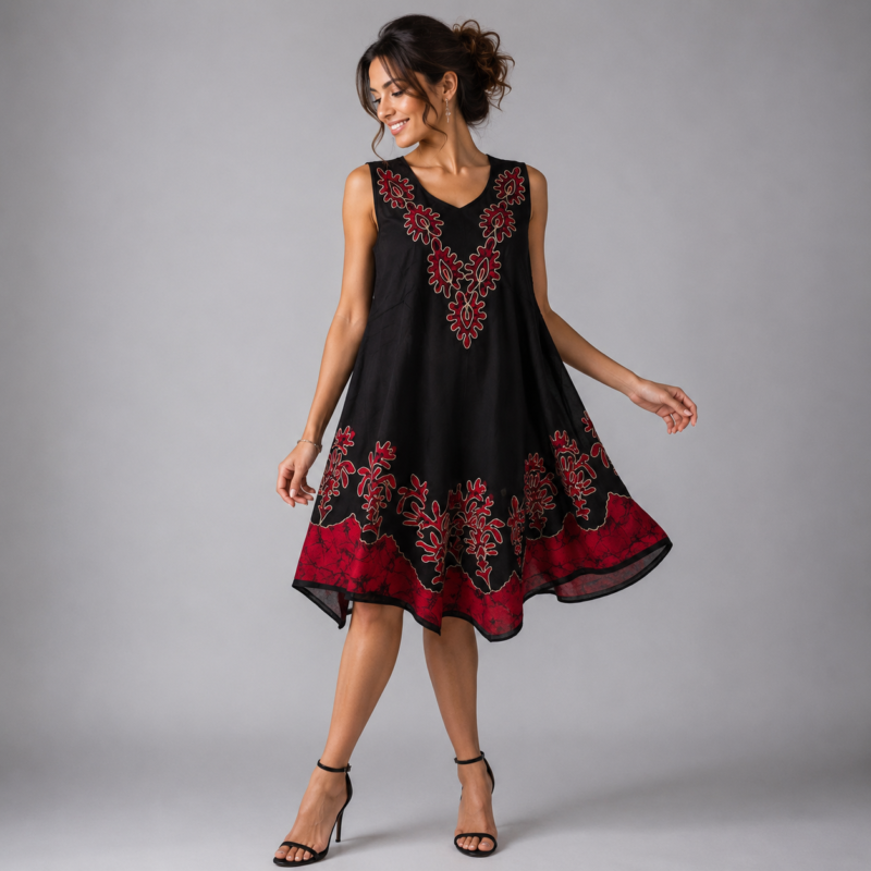 Black Boho Batik Tunic Dress Embroidery