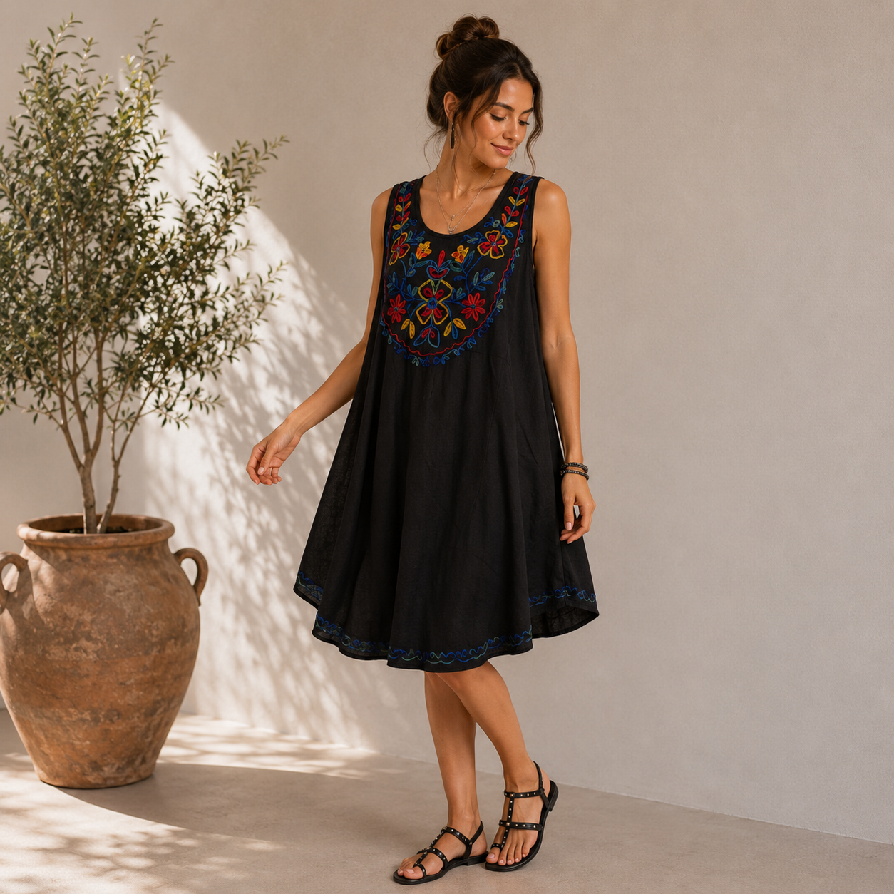 Black Boho Embroidered Dress