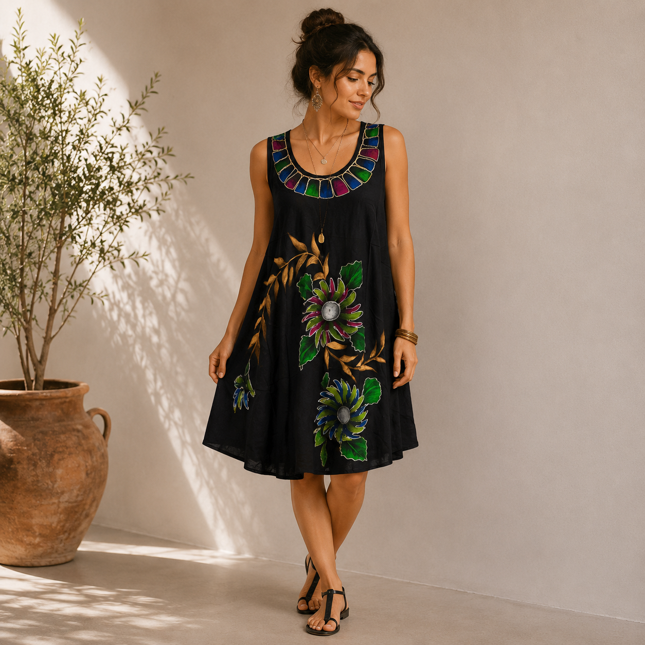 Boho Batik Floral A-Line Dress