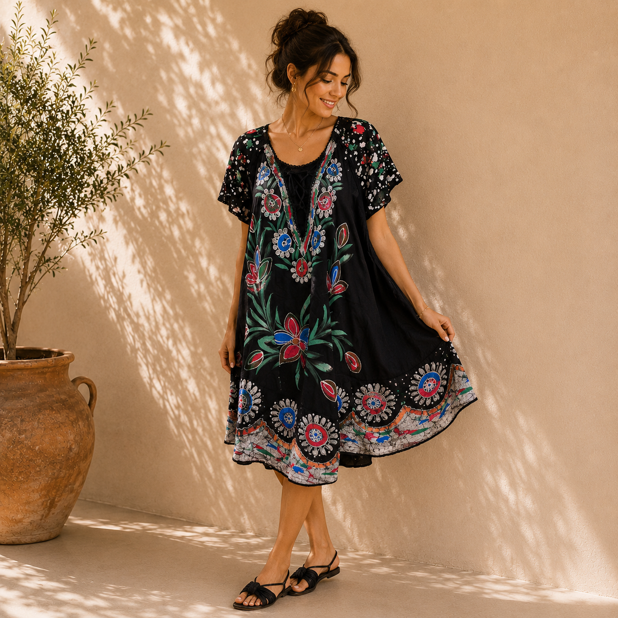 Boho Batik Floral Tunic Dress - Image 4