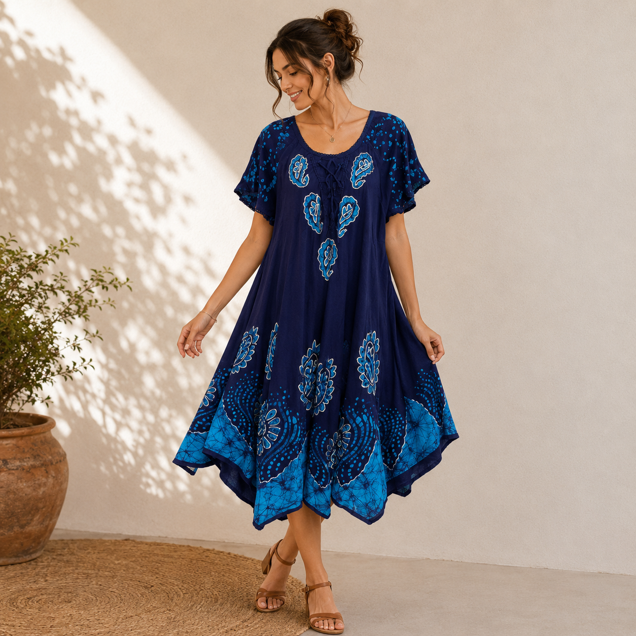 Boho Batik Lace-Up Tunic Dress