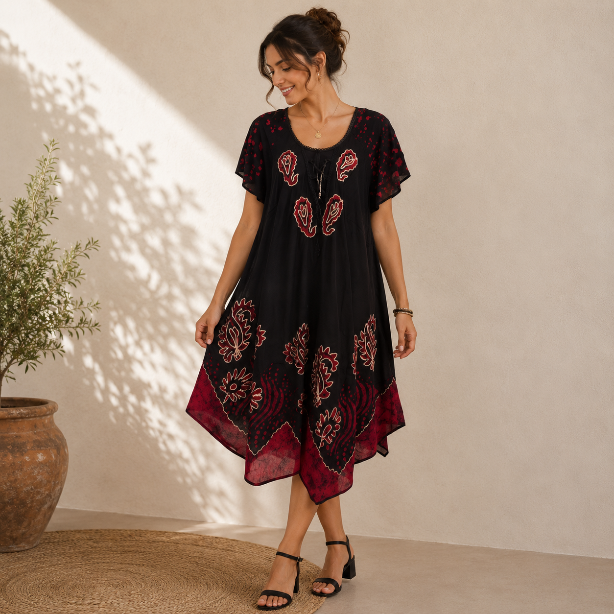Boho Batik Lace-Up Tunic Dress - Image 4