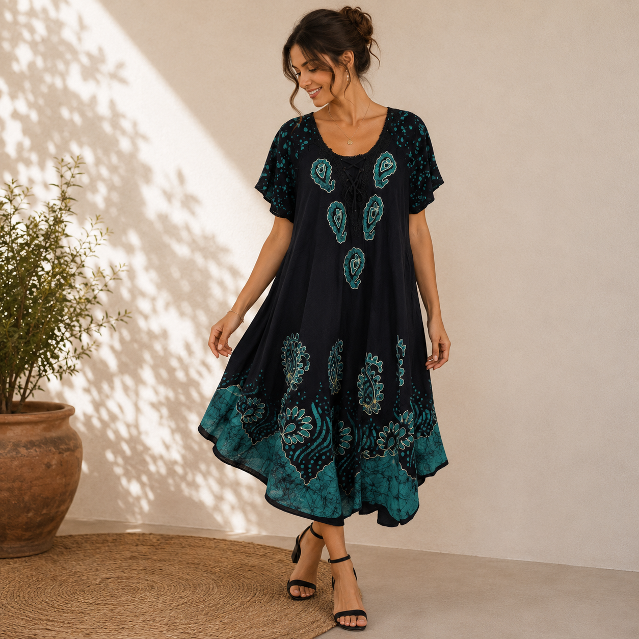 Boho Batik Lace-Up Tunic Dress - Image 6