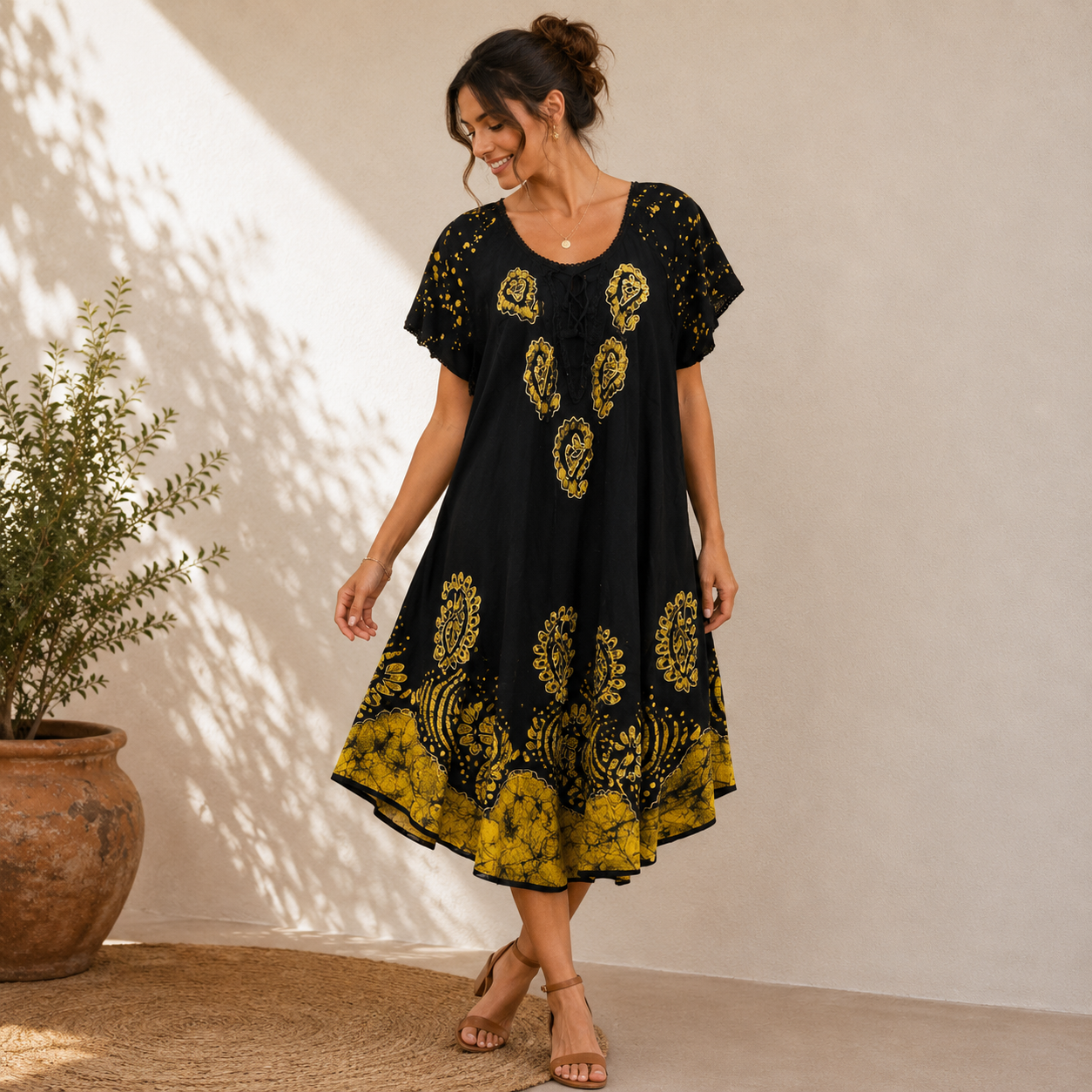 Boho Batik Lace-Up Tunic Dress - Image 5