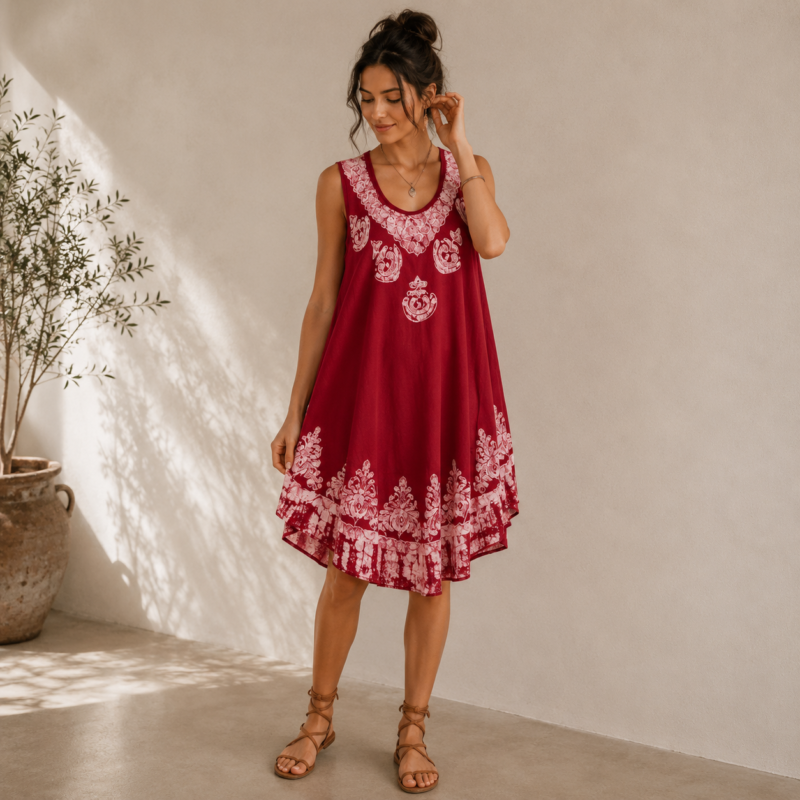 Boho Batik Tunic Dress – One Size Loose Fit Summer Dress