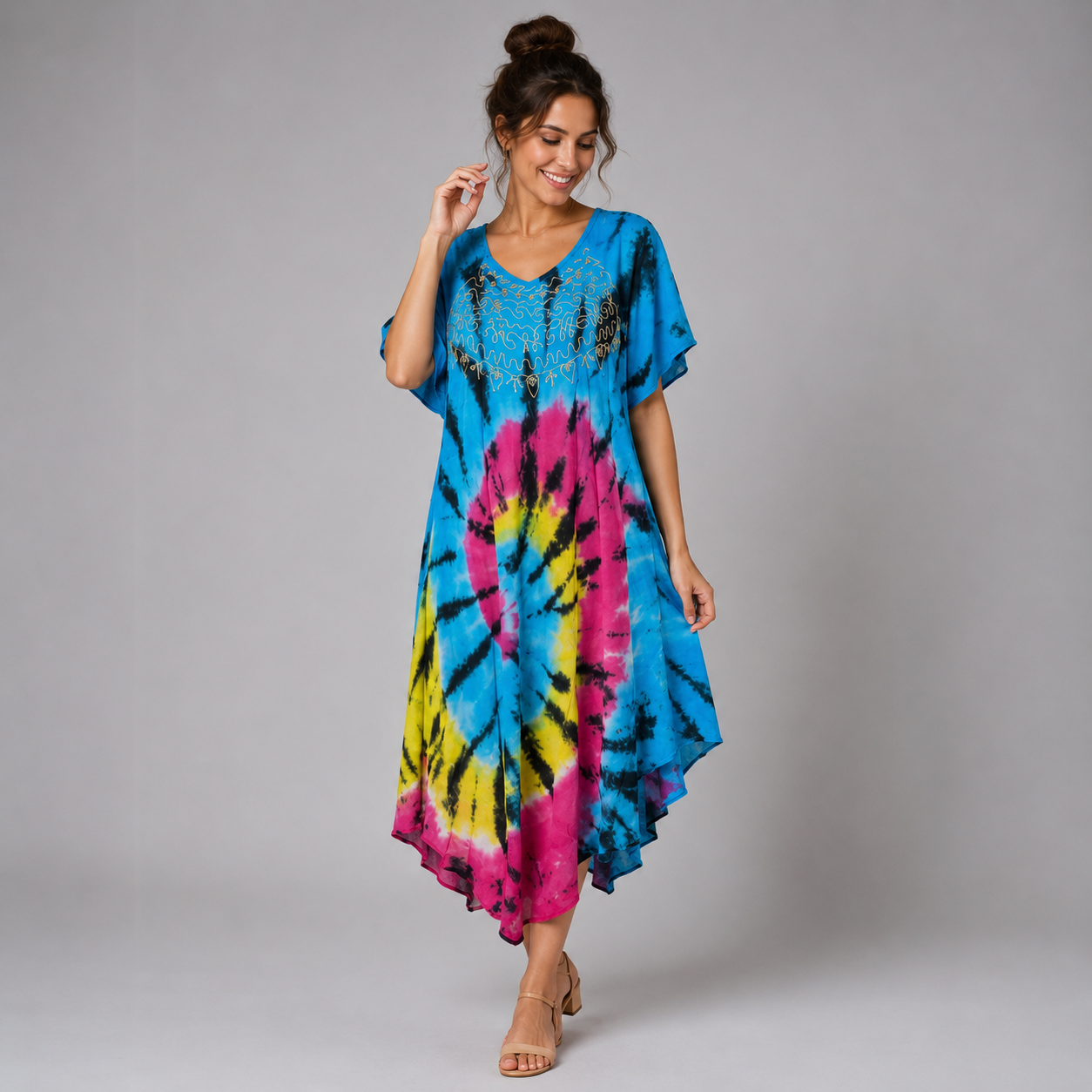 Boho Tie-Dye Embroidered Tunic Dress - Image 5