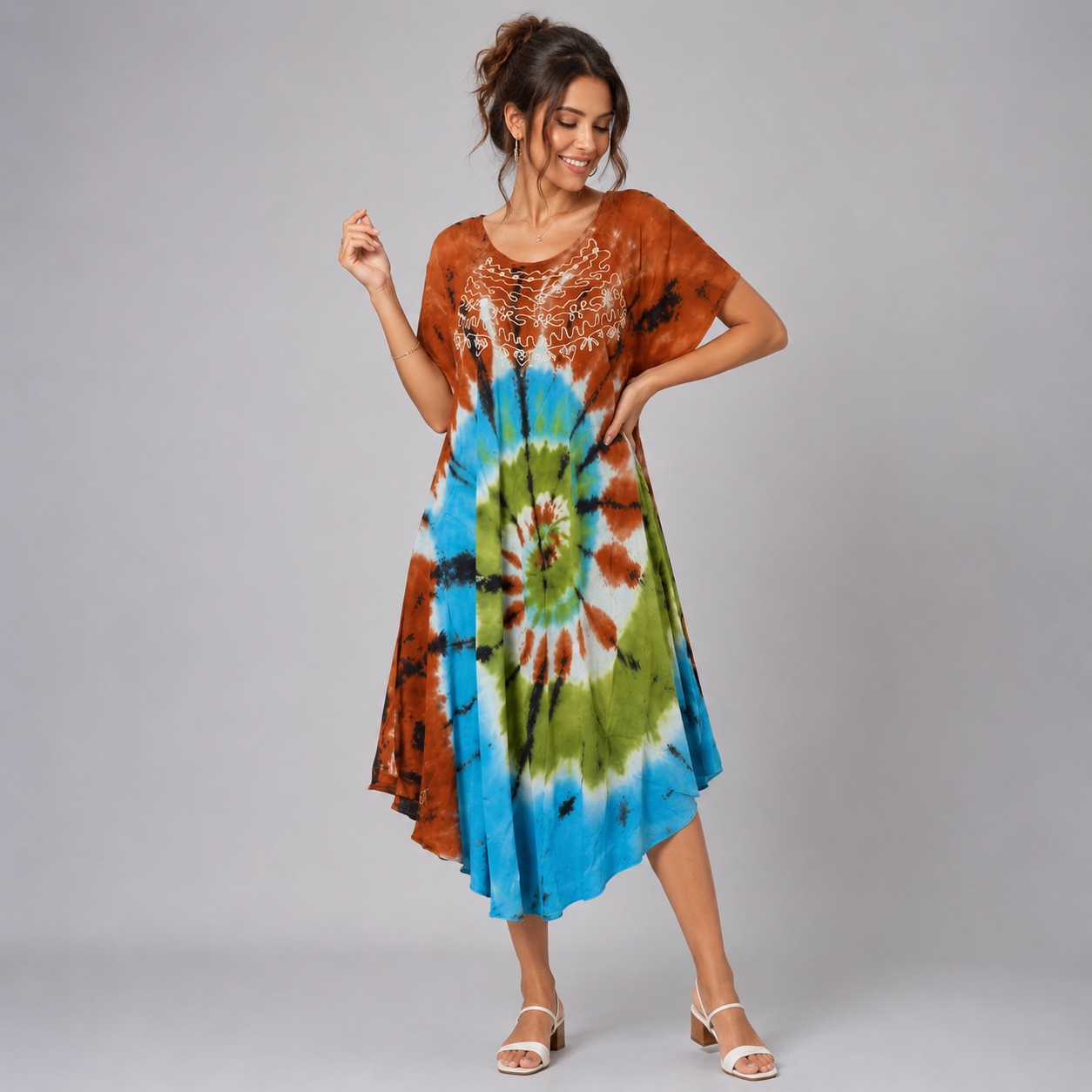 Boho Tie-Dye Embroidered Tunic Dress - Image 7