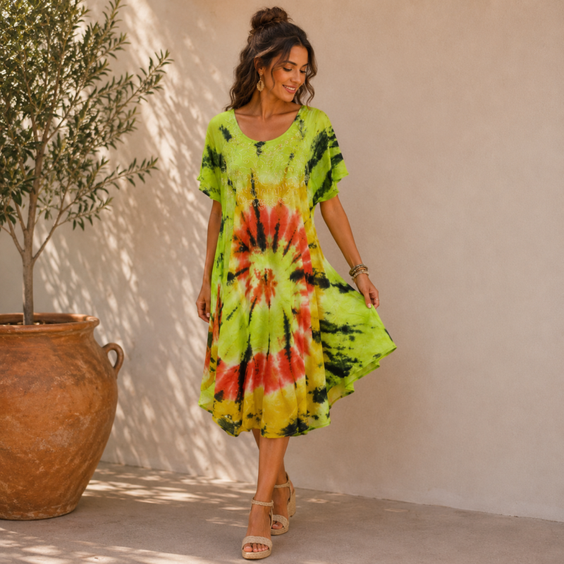 Boho Tie-Dye Embroidered Tunic Dress