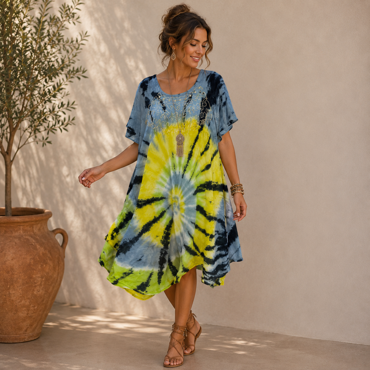 Boho Tie-Dye Embroidered Tunic Dress - Image 3