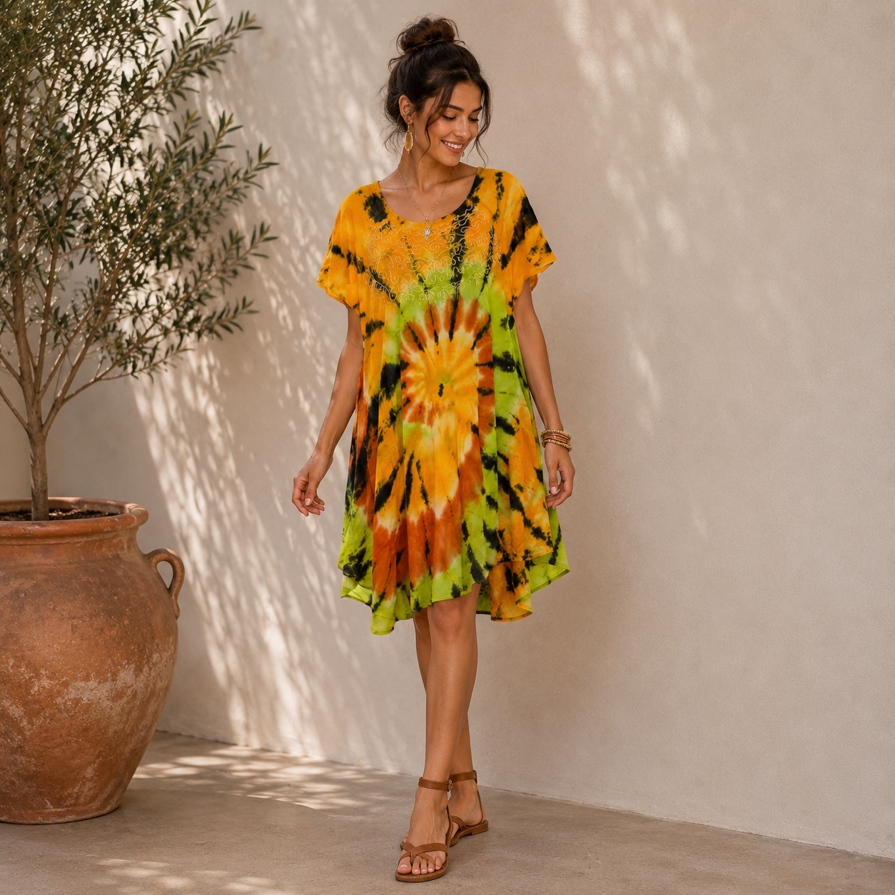 Boho Tie-Dye Embroidered Tunic Dress - Image 2