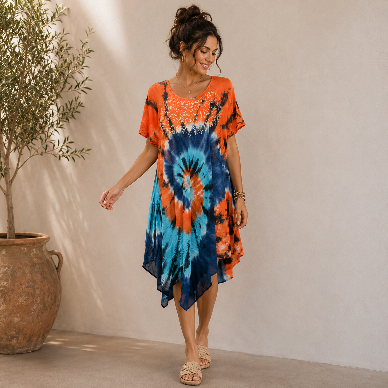 Boho Tie-Dye Embroidered Tunic Dress - Image 6