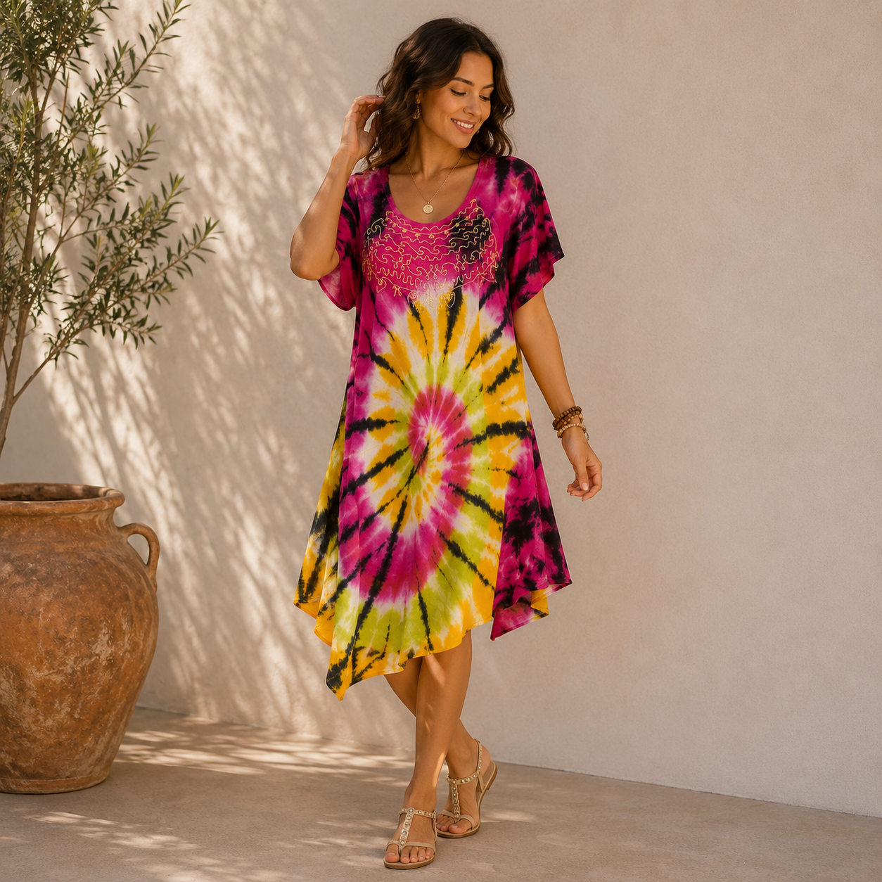 Boho Tie-Dye Embroidered Tunic Dress - Image 8