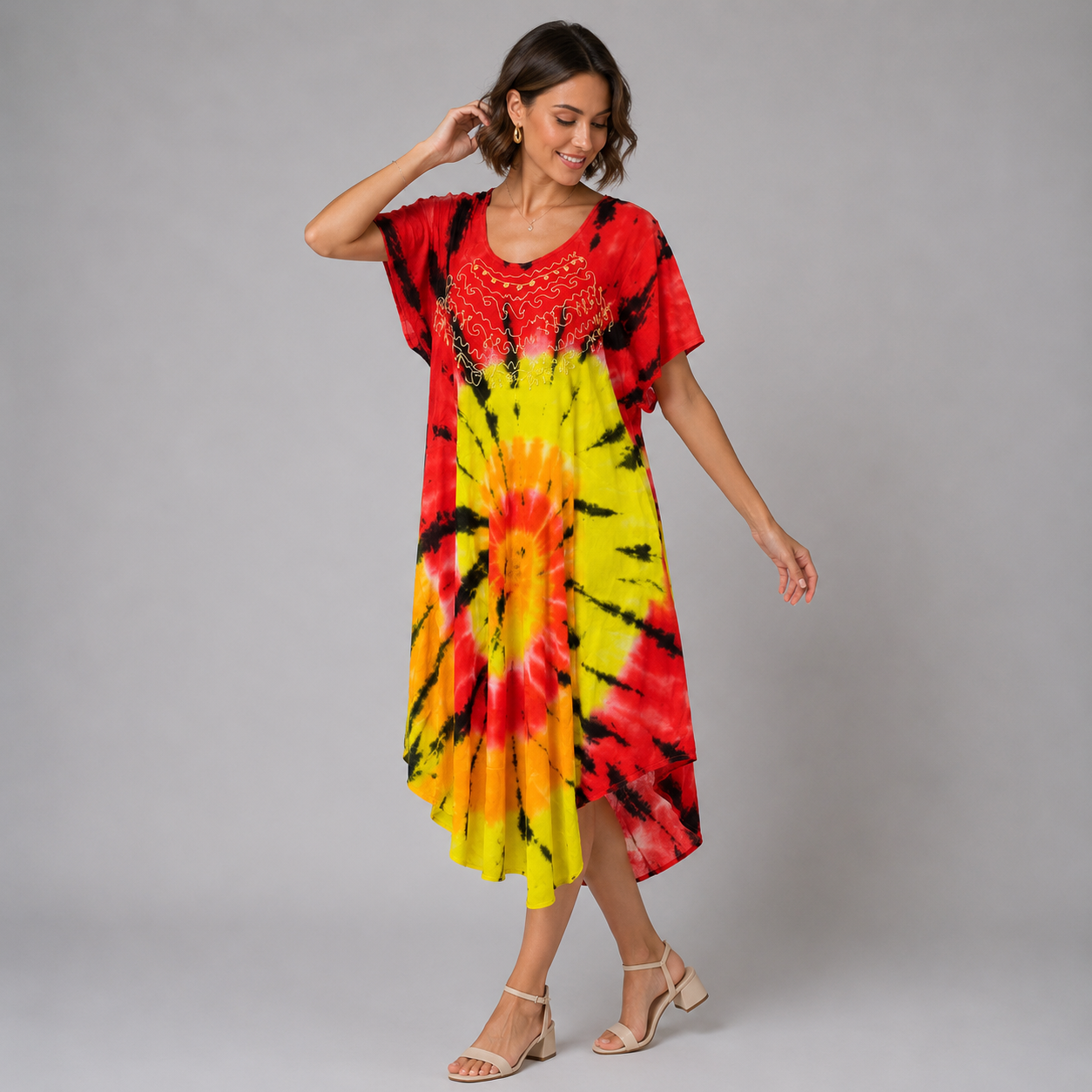 Boho Tie-Dye Embroidered Tunic Dress - Image 9
