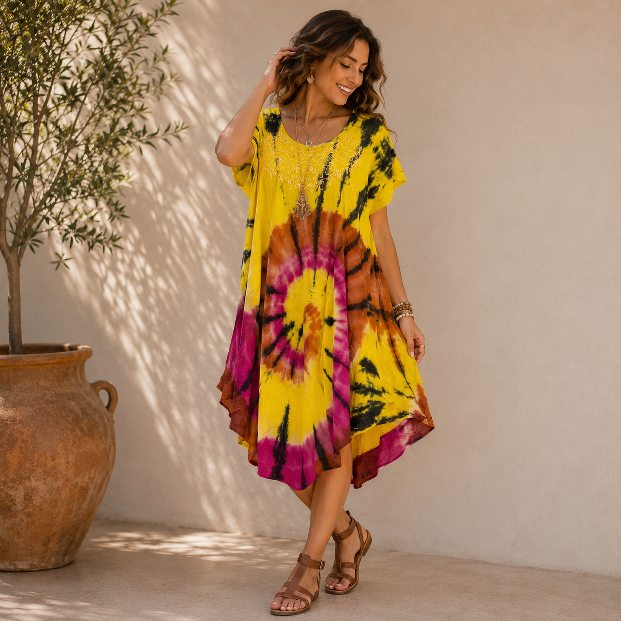 Boho Tie-Dye Embroidered Tunic Dress - Image 10