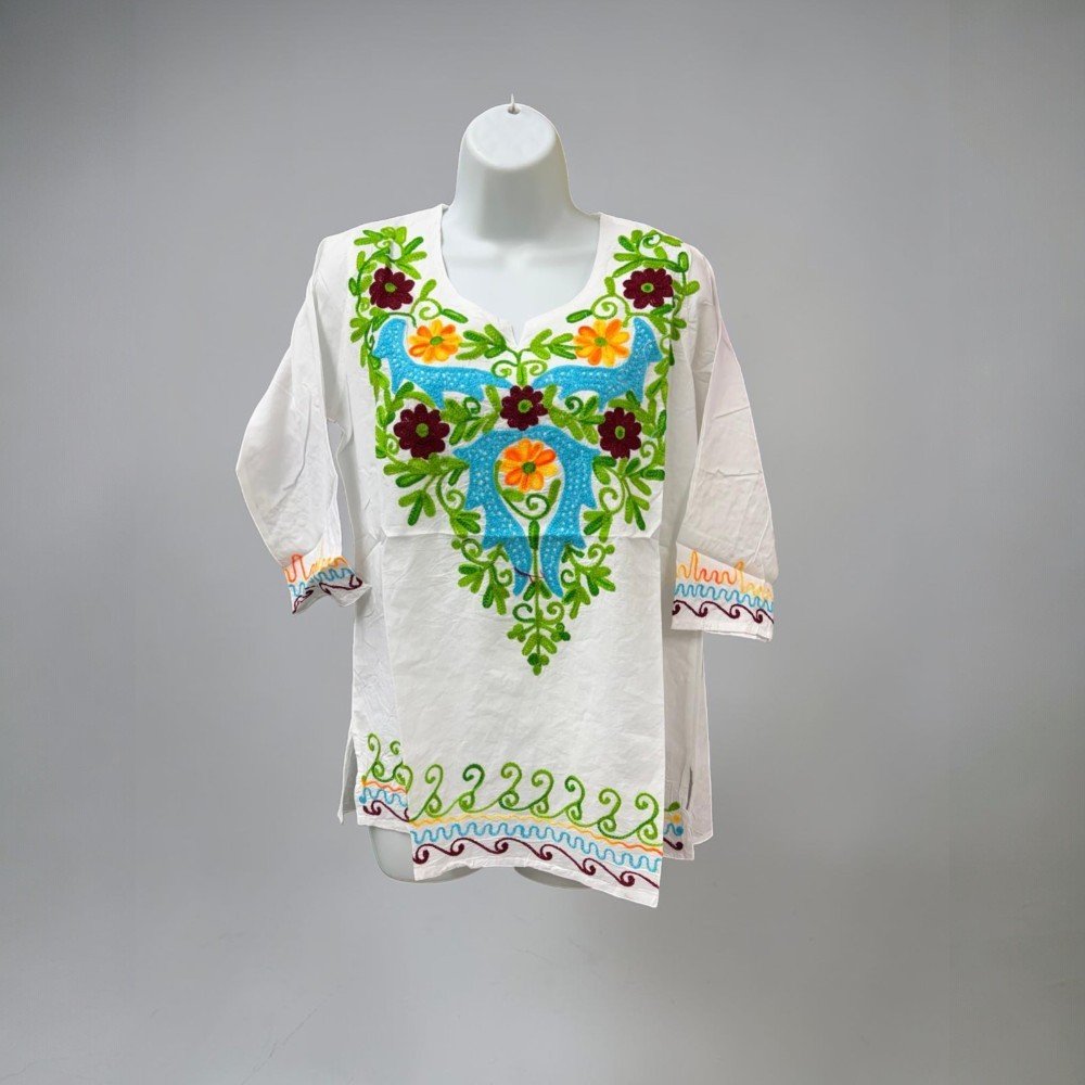 Cotton Mexican White Tops/Blouses Colorful Embroidered