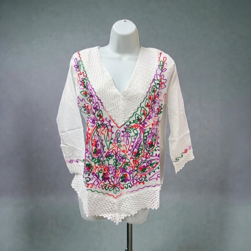 Cotton Mexican White Tops/Blouses Colorful Embroidered