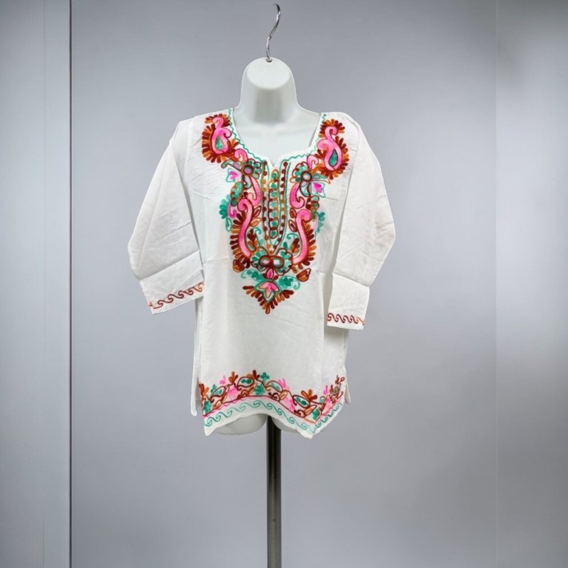 Boho Embroidered Tunic Dress – Floral Folk Style Dress | 3/4 Sleeve Relaxed Fit