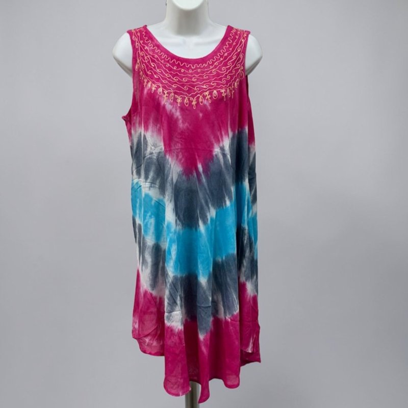 Tie-Dye Sleeveless Sundress – Embroidered Neckline Dress | Flowy Summer Dress