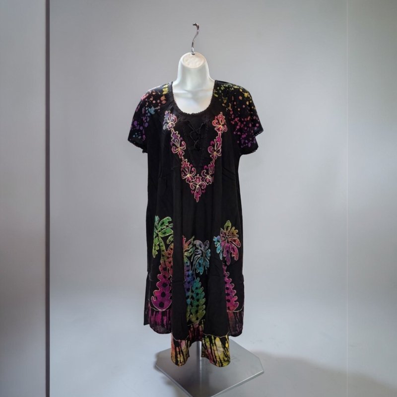 Boho Short Sleeve Tunic Dress – Colorful Embroidered Summer Dress – Relaxed Fit Bohemian Beach Dress