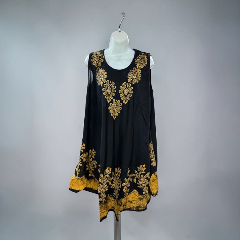 Black Boho Batik Tunic Dress Embroidery – Relaxed Fit – Bohemian Summer Outfit – Flowy Beach or Festival Dress