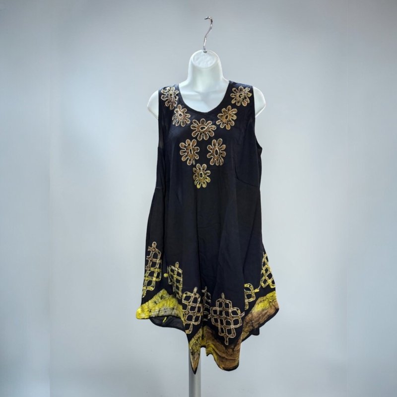 Boho Batik Sleeveless Swing Dress – Artistic Floral Tunic Dress – Flowy A-Line Summer Dress – Casual Beach & Vacation Outfit