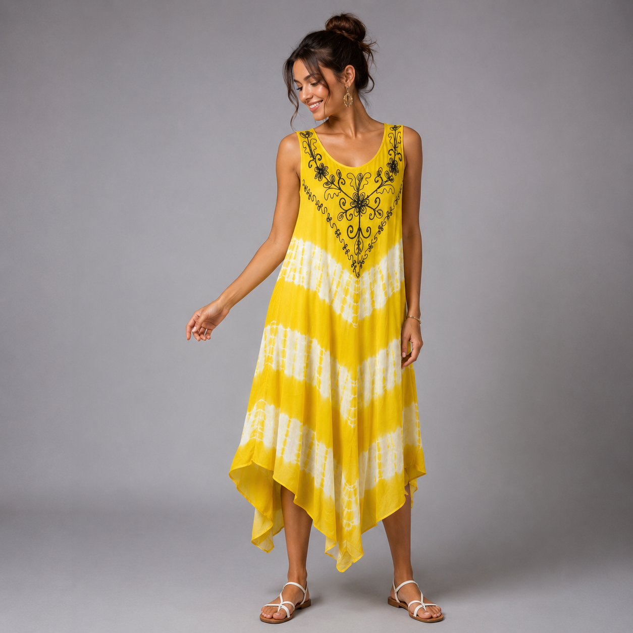 Boho Tie-Dye Embroidered Swing Dress - bohemian fashion