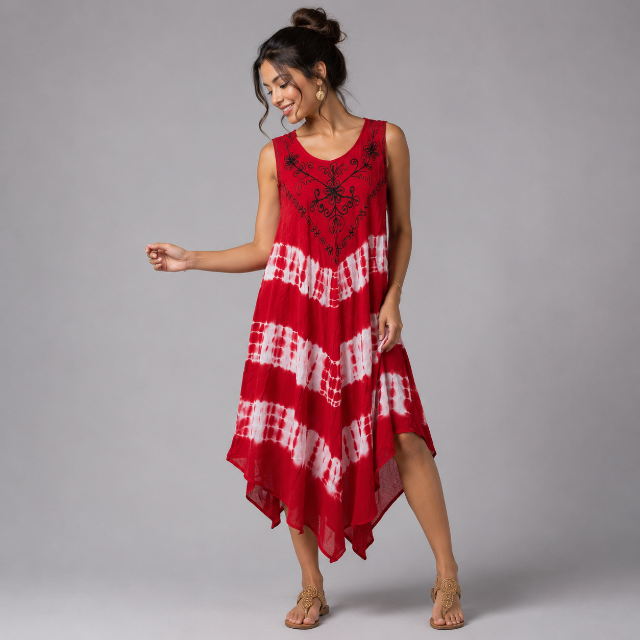 Boho Tie-Dye Embroidered Swing Dress - bohemian fashion