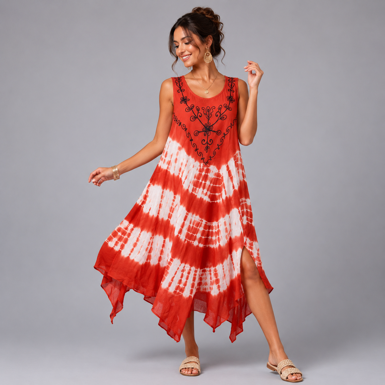 Boho Tie-Dye Embroidered Swing Dress - bohemian fashion