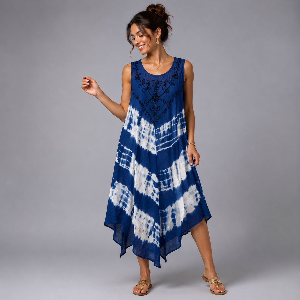 Boho Tie-Dye Embroidered Swing Dress - bohemian fashion