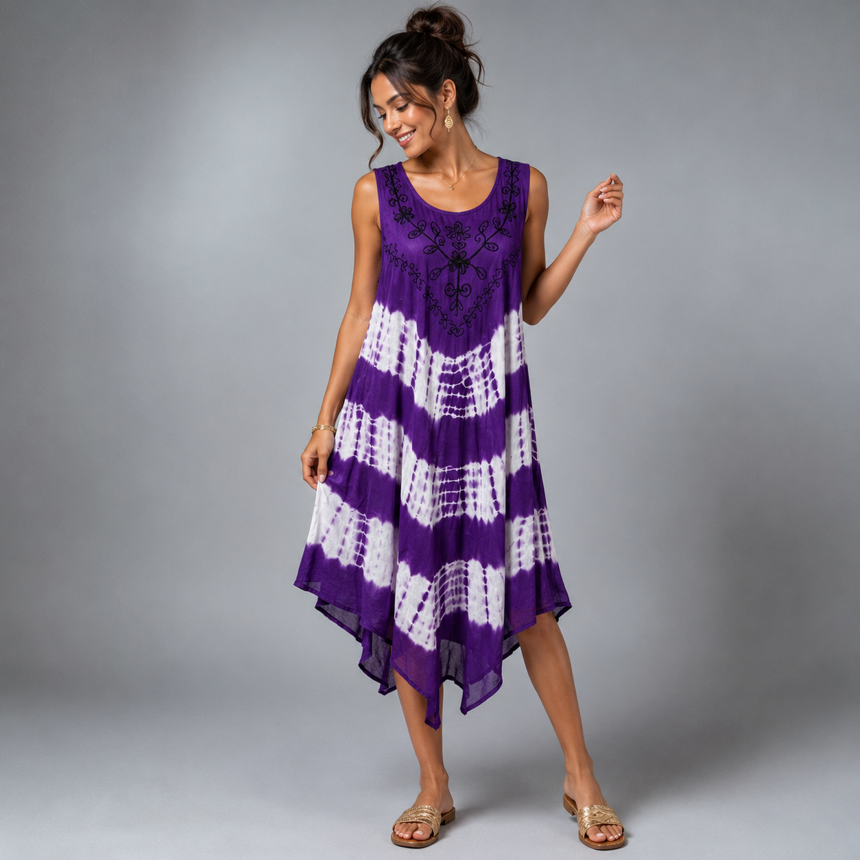 Boho Tie-Dye Embroidered Swing Dress - bohemian fashion