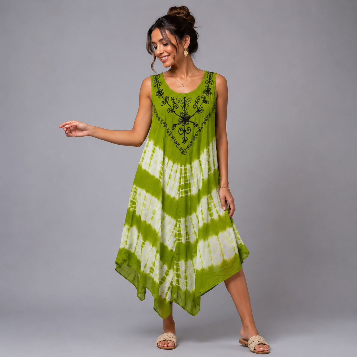 Boho Tie-Dye Embroidered Swing Dress - bohemian fashion